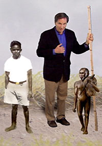 In the NOVA scienceNOW segment, host Robert Krulwich towers over an adult African Pygmy (in white shirt) and an adult H. floresiensis.