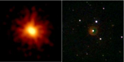 The extremely luminous afterglow of GRB 080319B was imaged by Swift's X-ray Telescope (left) and Optical/Ultraviolet Telescope (right). This was by far the brightest gamma-ray burst afterglow ever seen.