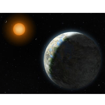 The star Gliese 581 hosts an Earth-sized planet (foreground) that orbits in the star's habitable zone. Artwork by Lynette Cook.