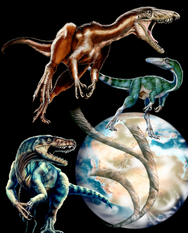 illustration of tawa family tree The evolutionary relationships between Tawa (top left) and two other Triassic carnivorous dinosaurs, Herrerasaurus (bottom left) and Coelophysis (right), surround a depiction of the Late Triassic globe in the lower right corner.
Credit: © Jorge Gonzalez