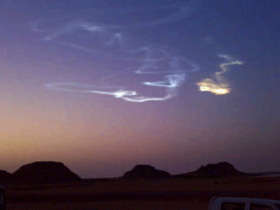Streaks in the sky
This image of asteroid 2008 TC3 exploding in the atmosphere above northern Sudan was taken with a cell-phone by a local resident on the morning of October 7, 2008. Credit: Mauwia Shaddad