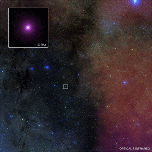 This optical and infrared image from the Digitized Sky Survey shows the crowded field around the micro-quasar GRS 1915+105 (GRS 1915 for short) located near the plane of our Galaxy. The inset shows a close-up of the Chandra image of GRS 1915, one of the brightest X-ray sources in the Milky Way galaxy.